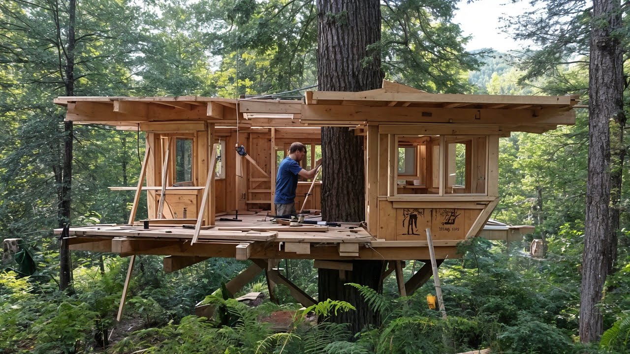 A man built a large tree house in the mountains with his own hands