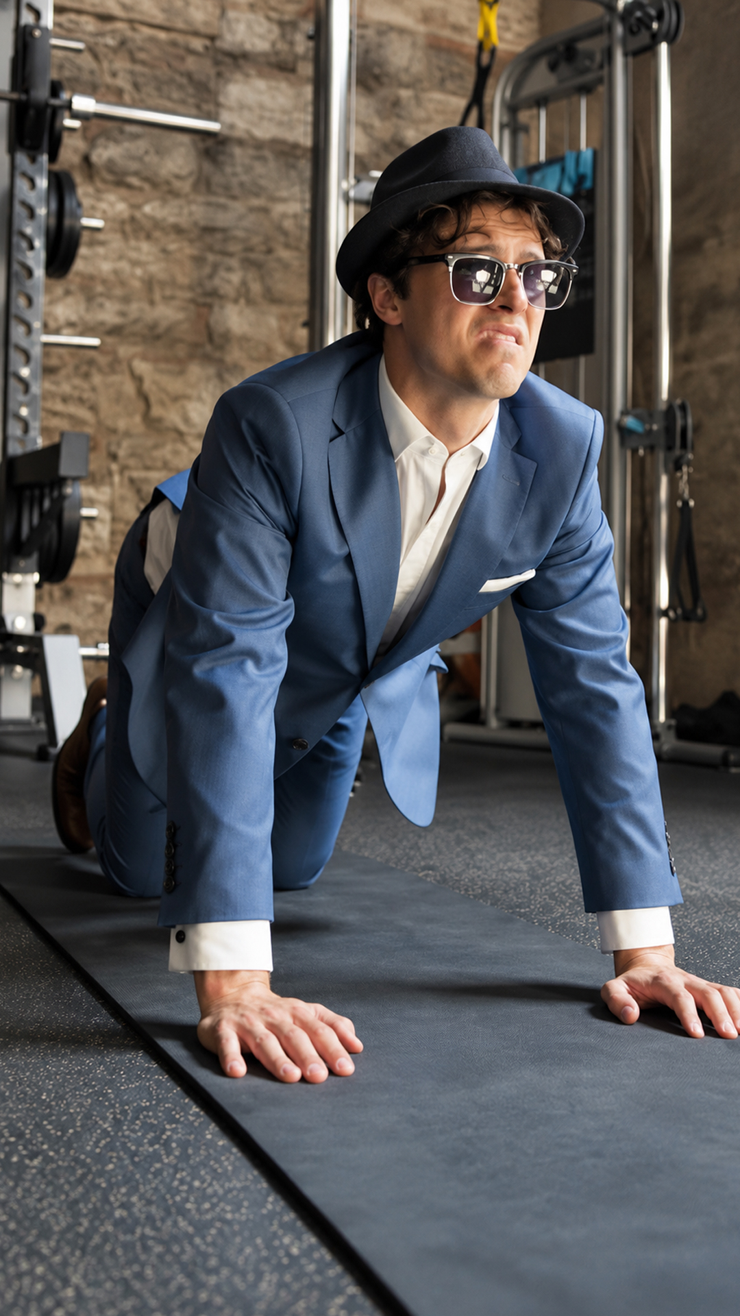 Guy insists on working out in a full suit