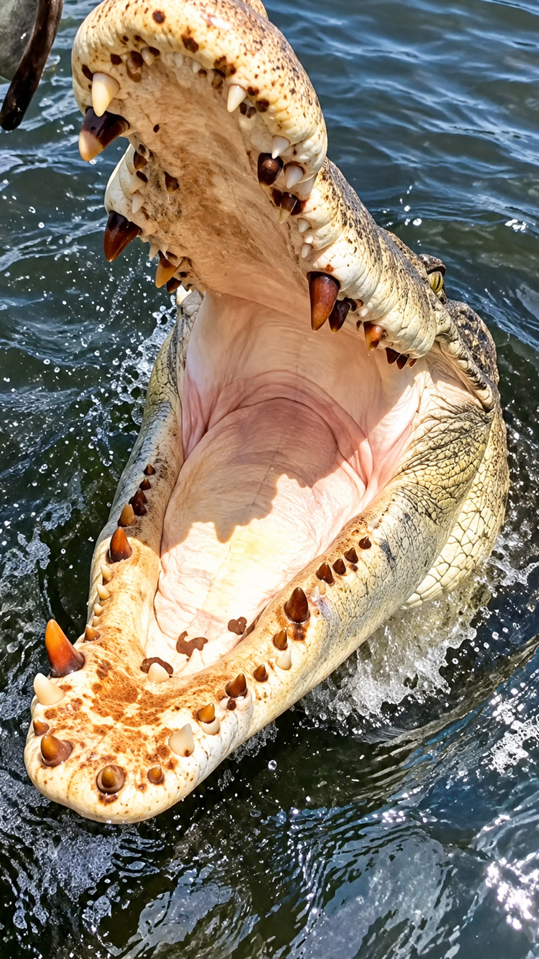 Giant crocodile lunges directly out of the river toward a tour boat