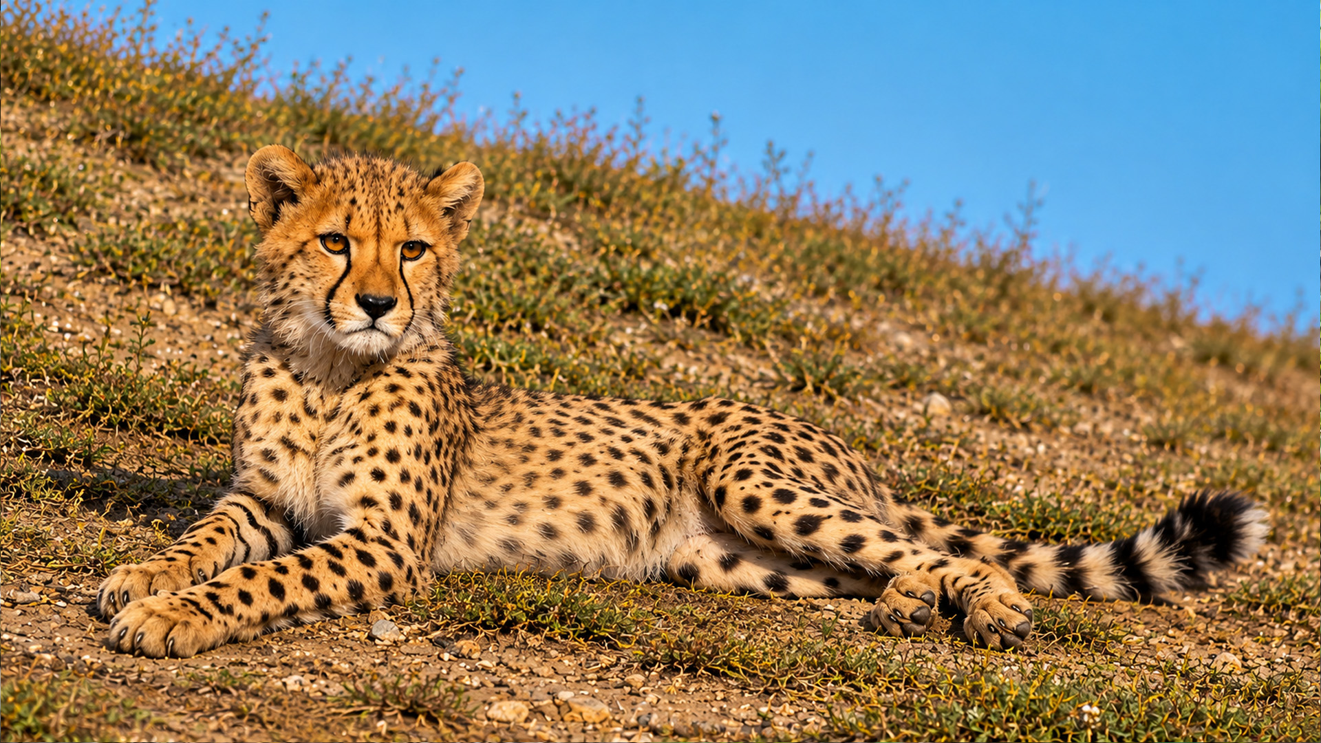 A camera watching this dry hillside found a cheetah looking straight back