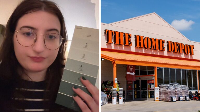 Woman asks for paint sample at Home Depot. The worker says something ...