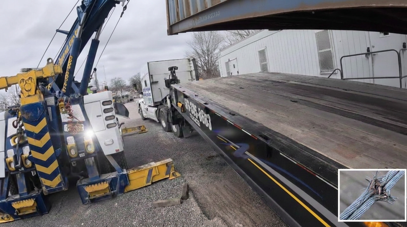 Tow truck winch line snaps during recovery