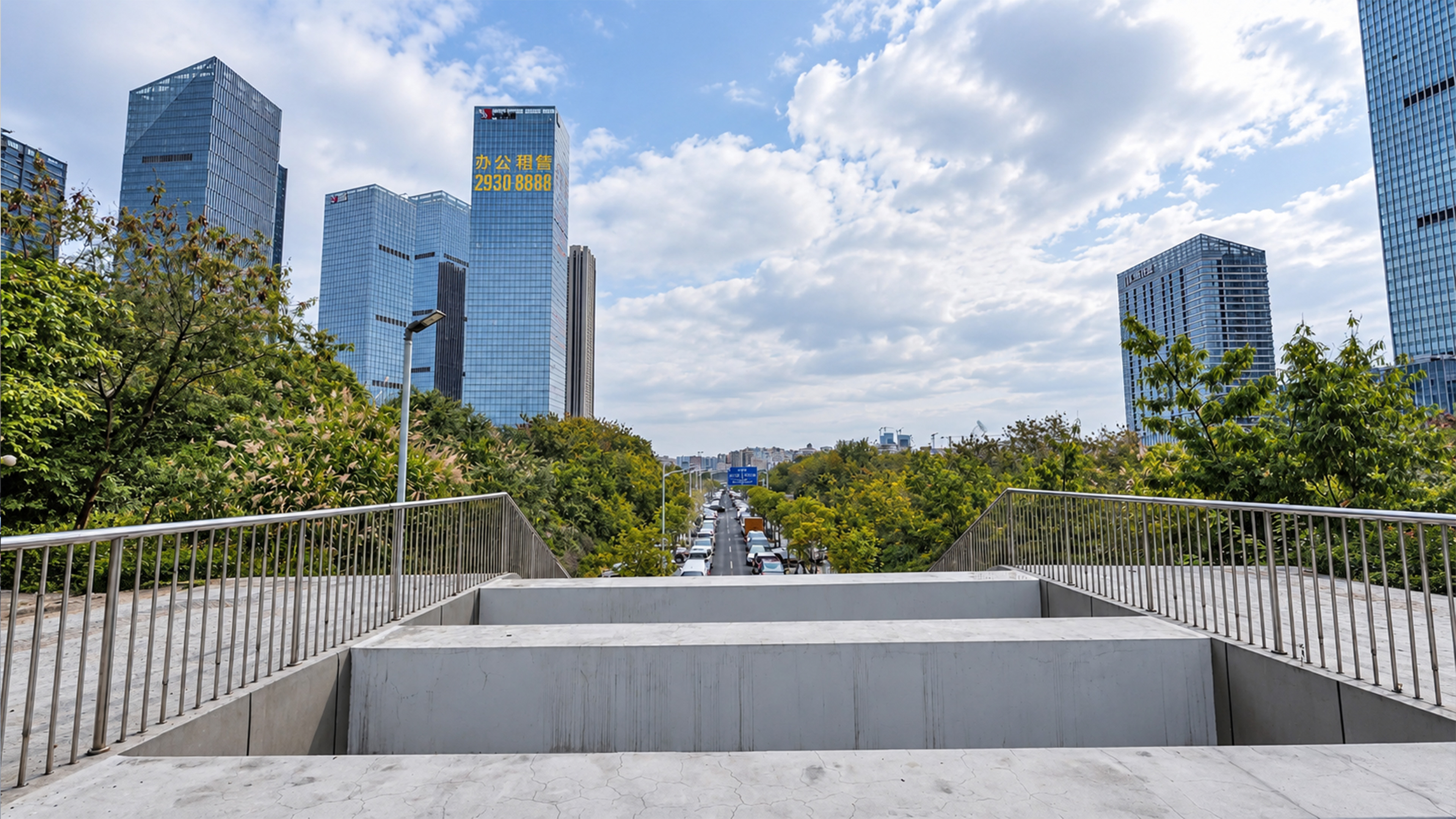 China hides a tree covered road between glass towers