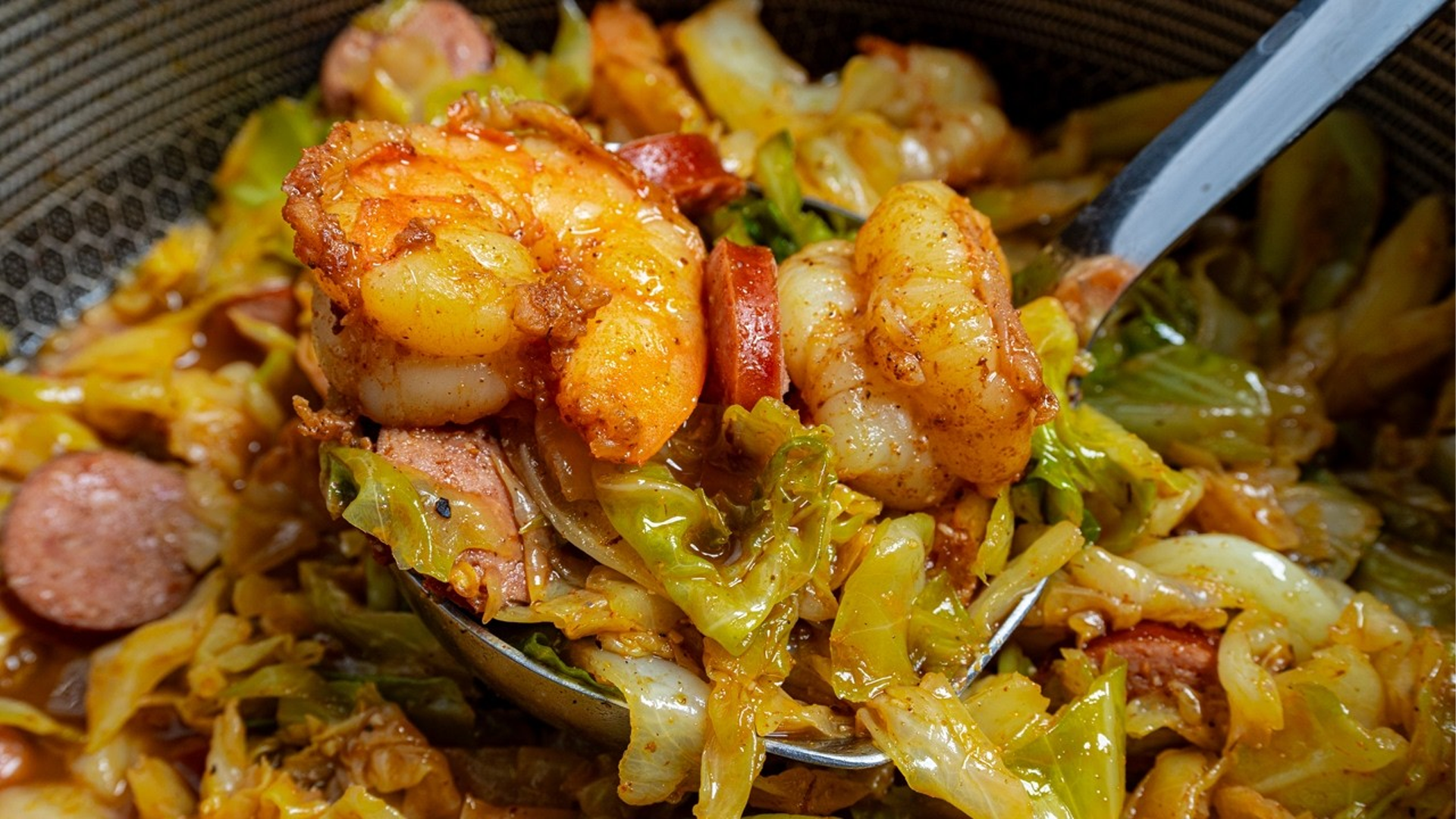 Southern fried cabbage with sausage and shrimp