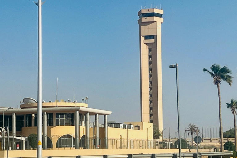 An air traffic control tower is seen at King Khalid International Airport in Riyadh on September 19, 2026. Black smoke and flames rose near the airport after Saudi authorities, fighting an escalating conflict with Yemen’s Houthi authorities, issued an air raid alert.