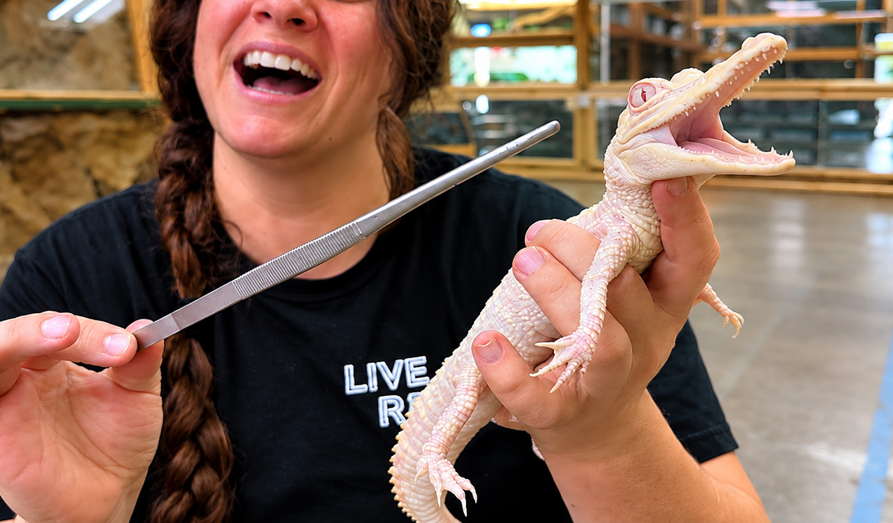 Baby albino alligator turns tongs into a tug-of-war