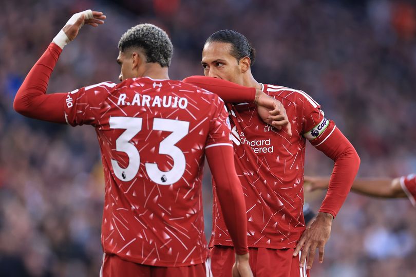 Ronald Araujo and Virgil van Dijk of Liverpool during the Premier League 2026/27 match against Manchester City