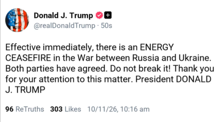 Breaking: Trump says Russia, Ukraine agree energy ceasefire
