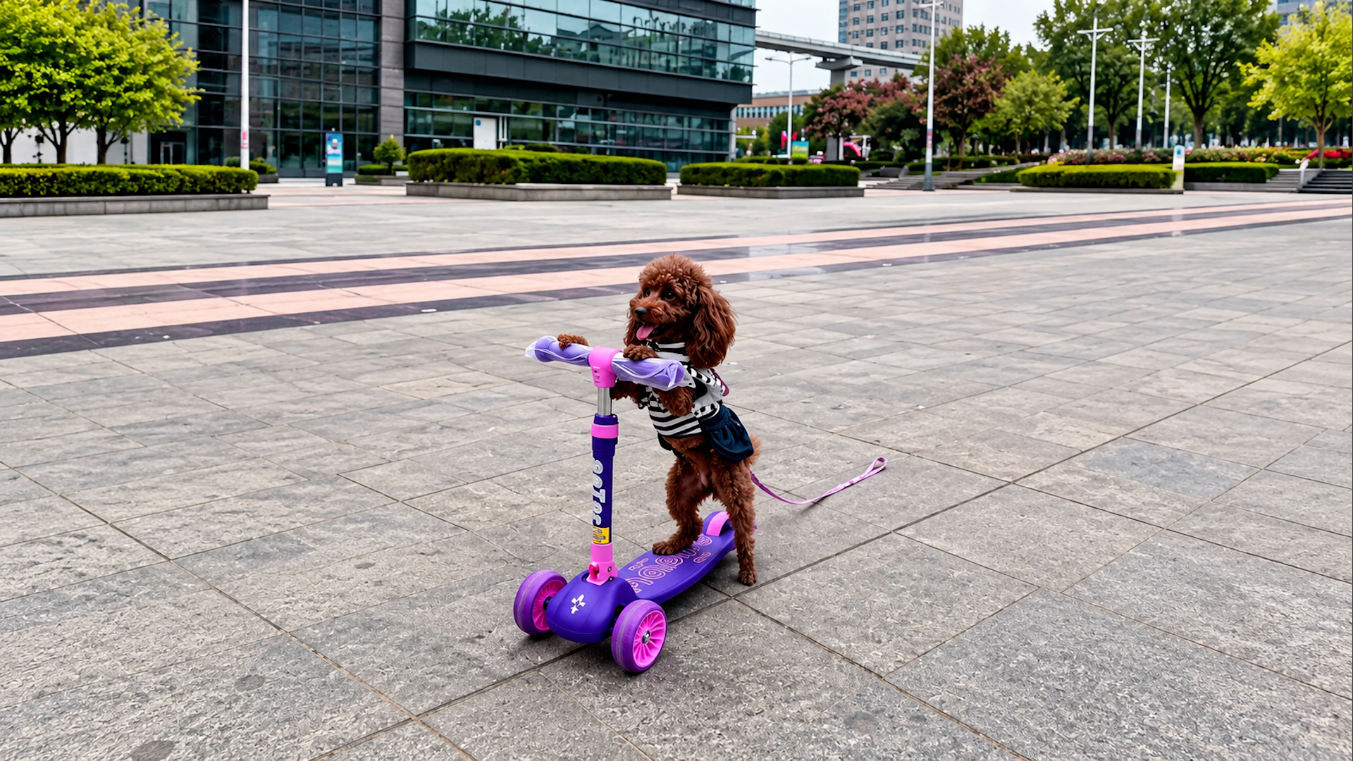 Funny poodle on a purple scooter steals the show!