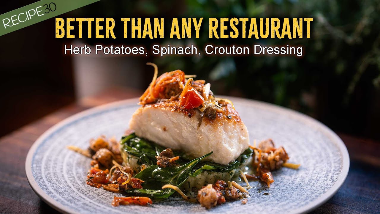 Pan-fried white fish with dill potatoes & warm butter crouton dressing
