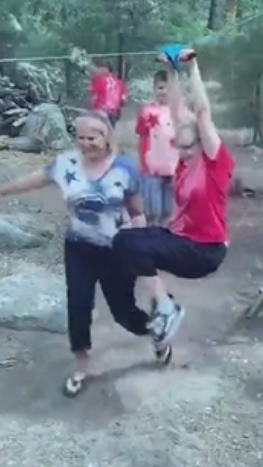 Female participant encounters challenges on zip line