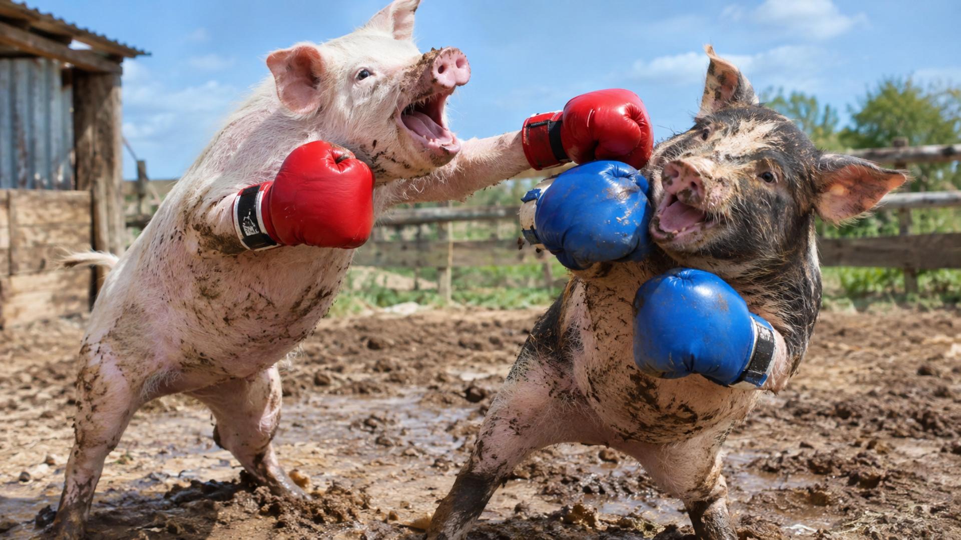 Two mini pigs throw hooves in rhythm, metronome boss fight energy