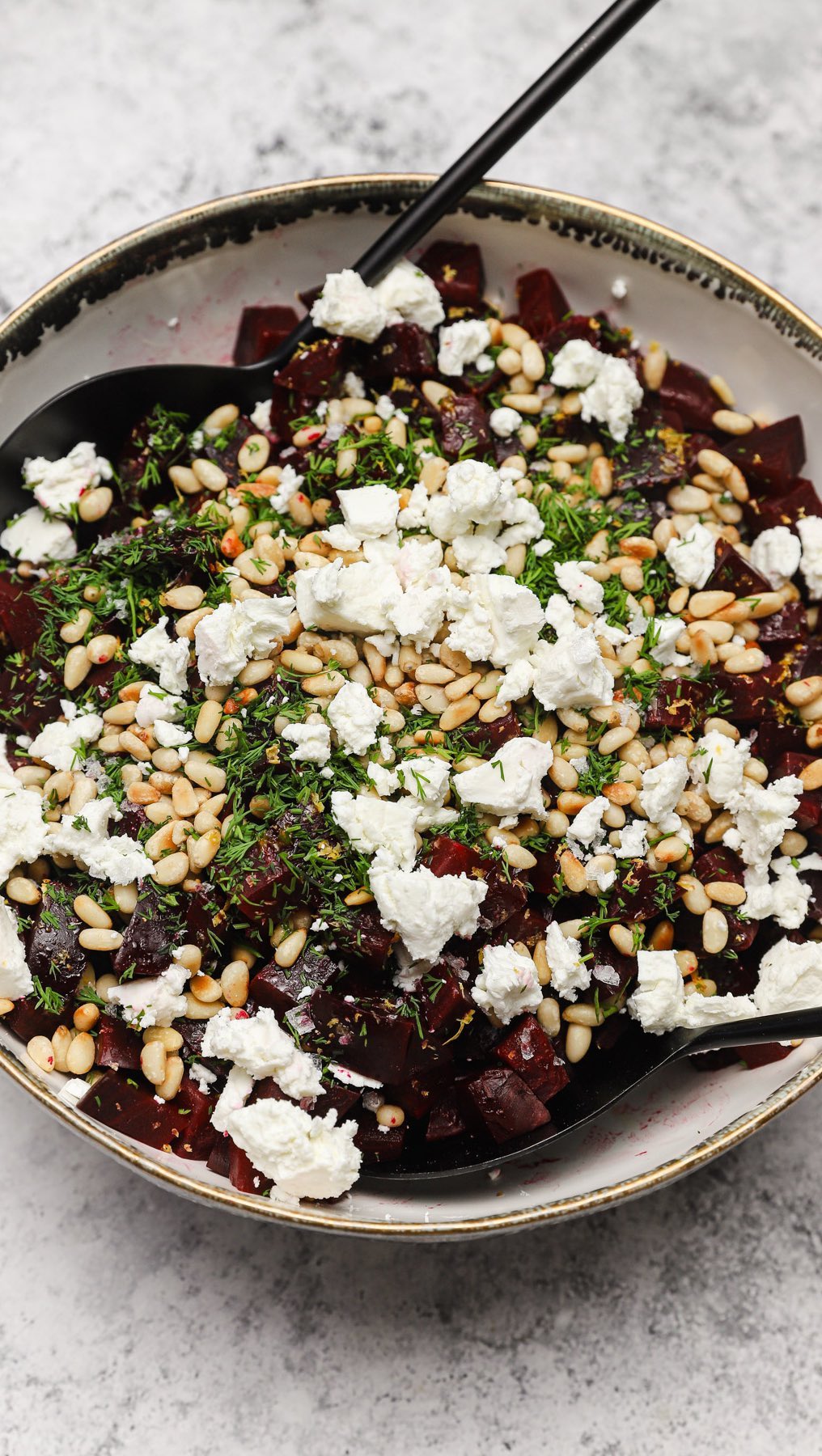 The most beautiful beet salad with goat cheese and pine nuts
