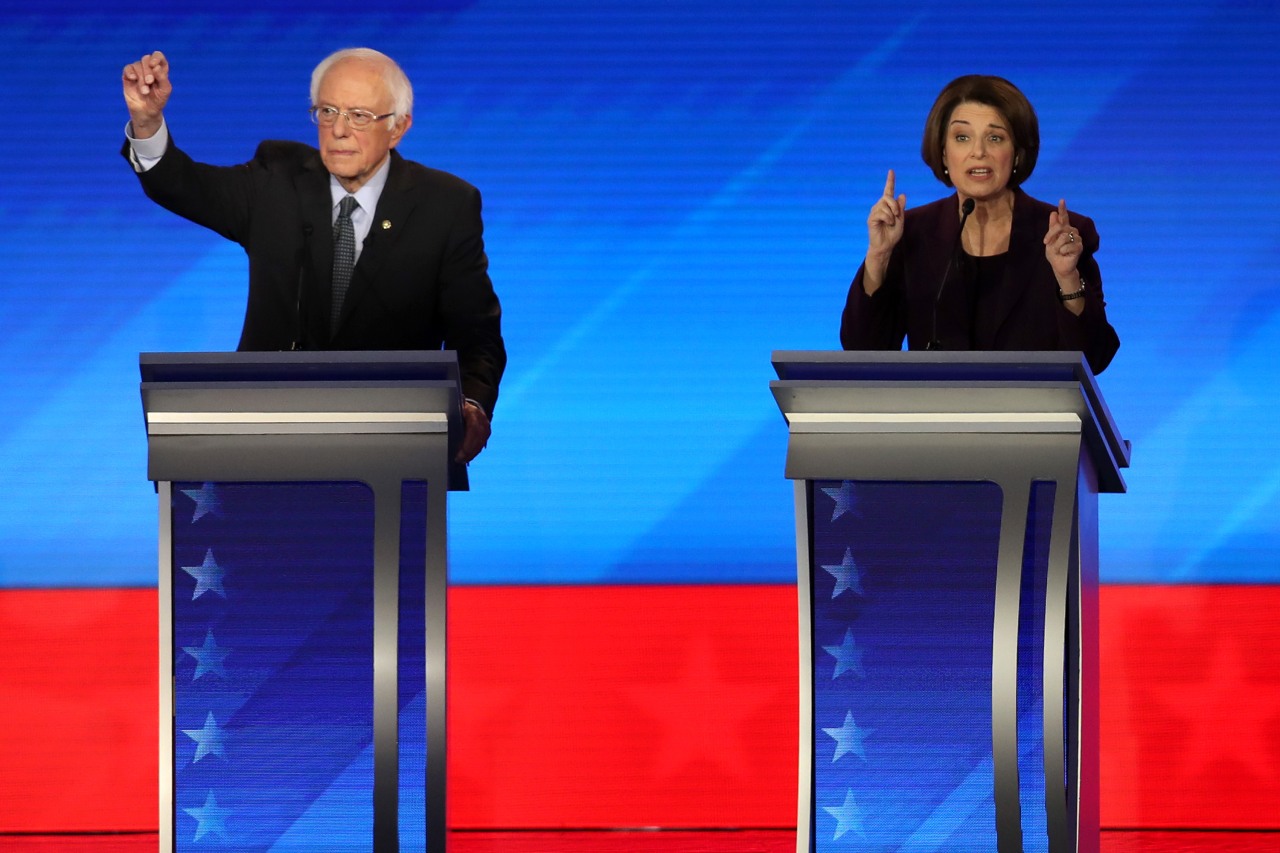 Klobuchar in a 2020 Democratic presidential primary debate, along with Sen. Bernie Sanders (I., Vt.).