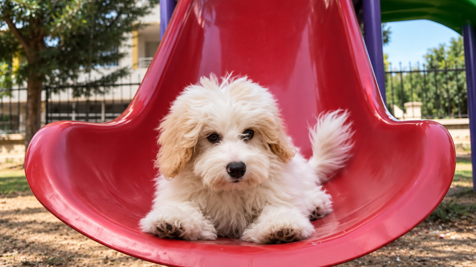 Little puppy claims the playground slide as his own