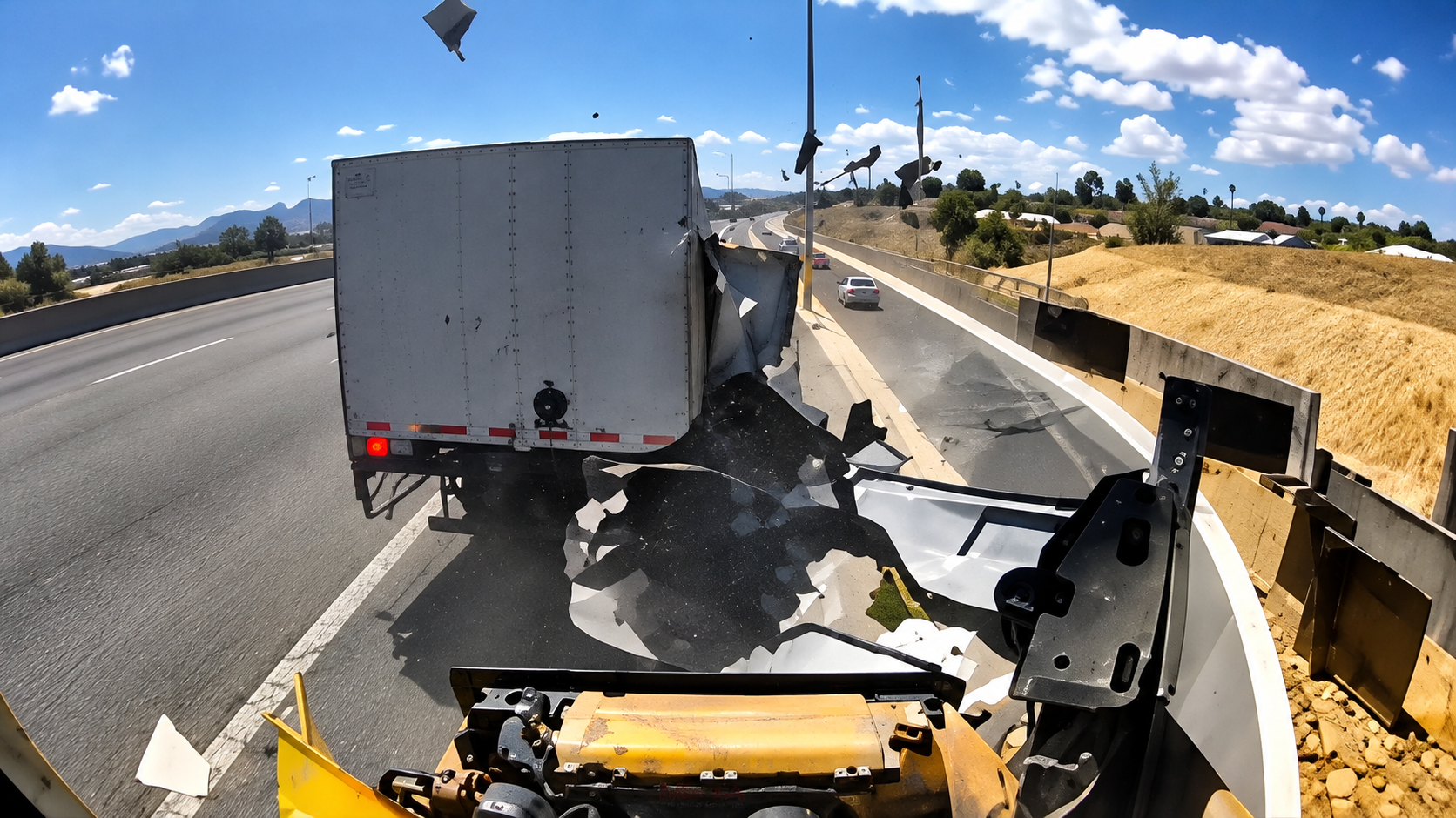 Watch how the box trailer loses a tire then slams a semi against a ...