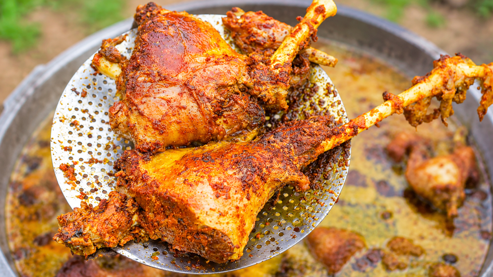 Massive feast of twenty full goat mutton legs fried in village