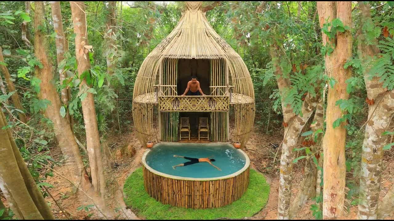A two-story bamboo house with a hand-built pool that looks like a resort