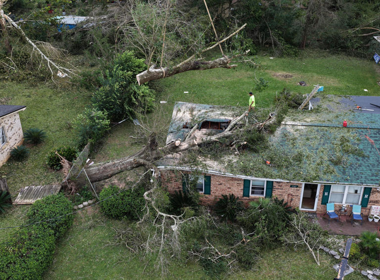 A worker removes a tree that landed on a home when Hurricane Isaias passed through the area on Oct. 10, 2026, in Milton, Florida.  / Credit: Joe Raedle/Getty Images