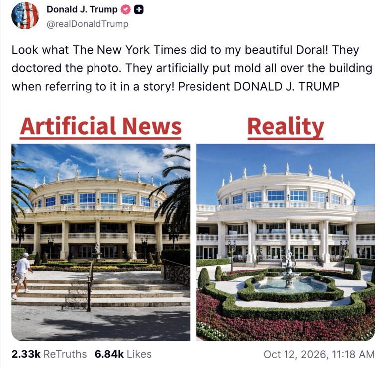 NYT fires back after Trump fumed paper doctored Doral photo by putting ...