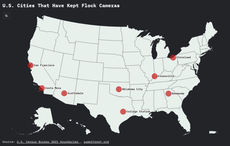 Map shows cities that have kept Flock cameras