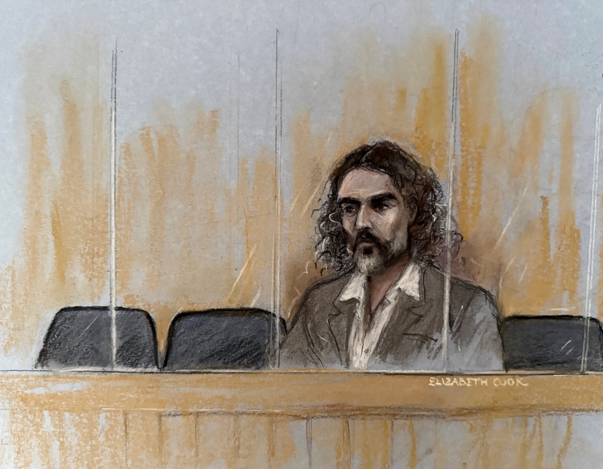 Russell Brand court sketch revealed as rape and sexual assault trial begins
