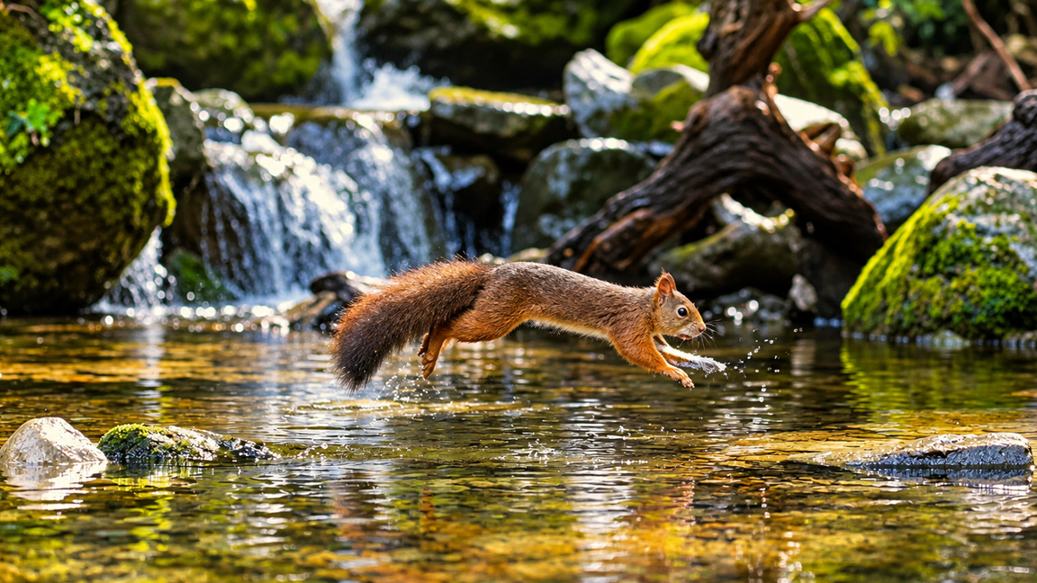 Beautiful wildlife moment of a squirrel jumping over a stream