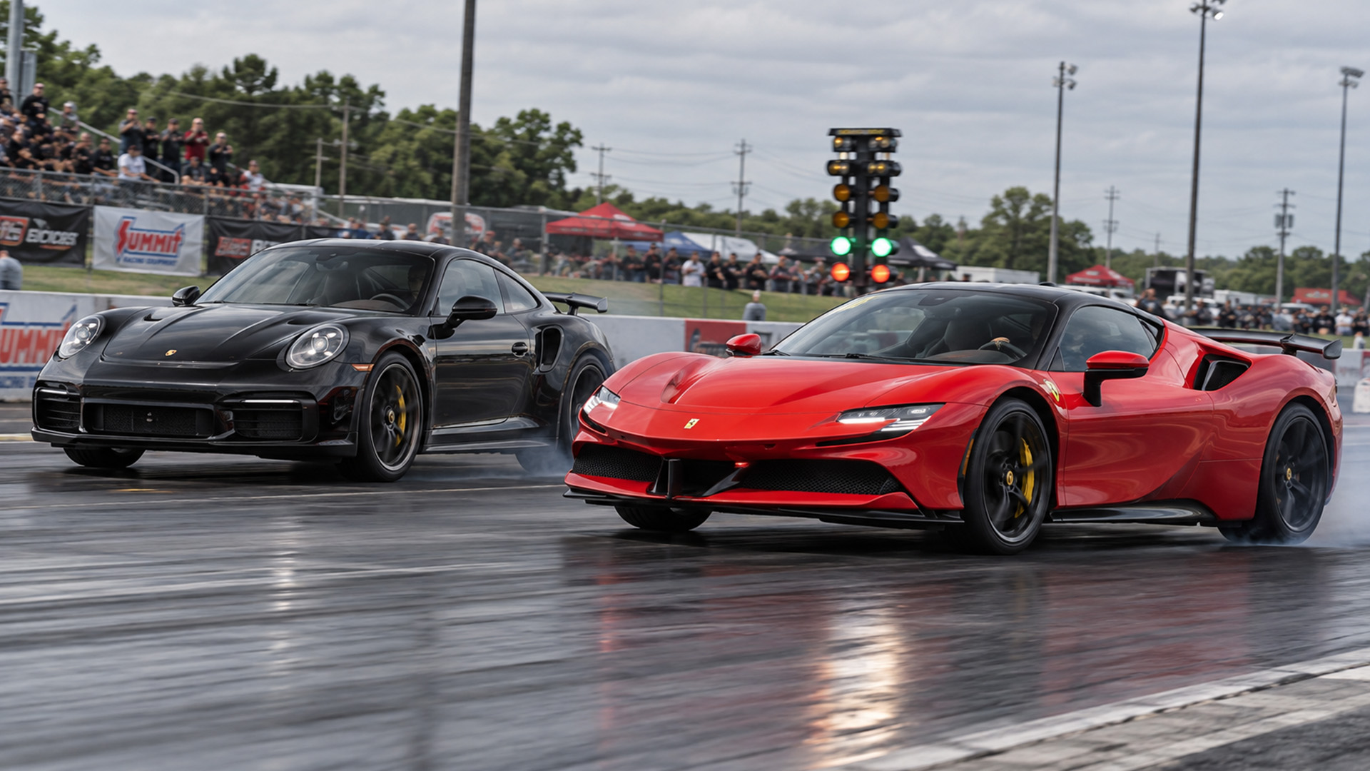 Ferrari SF90 battles a 950HP Porsche Turbo S in drag race