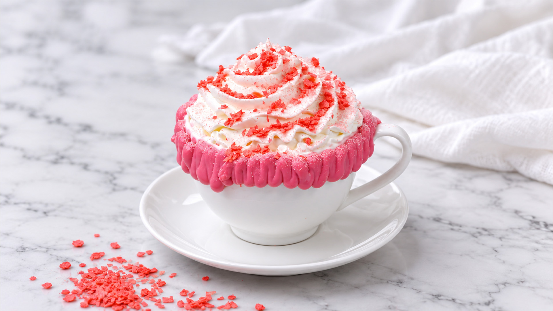 Pink chocolate cup filled with strawberry cream
