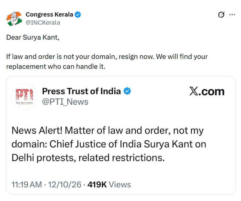 Resign if law and order not your domain, Cong tells CJI, deletes post ...