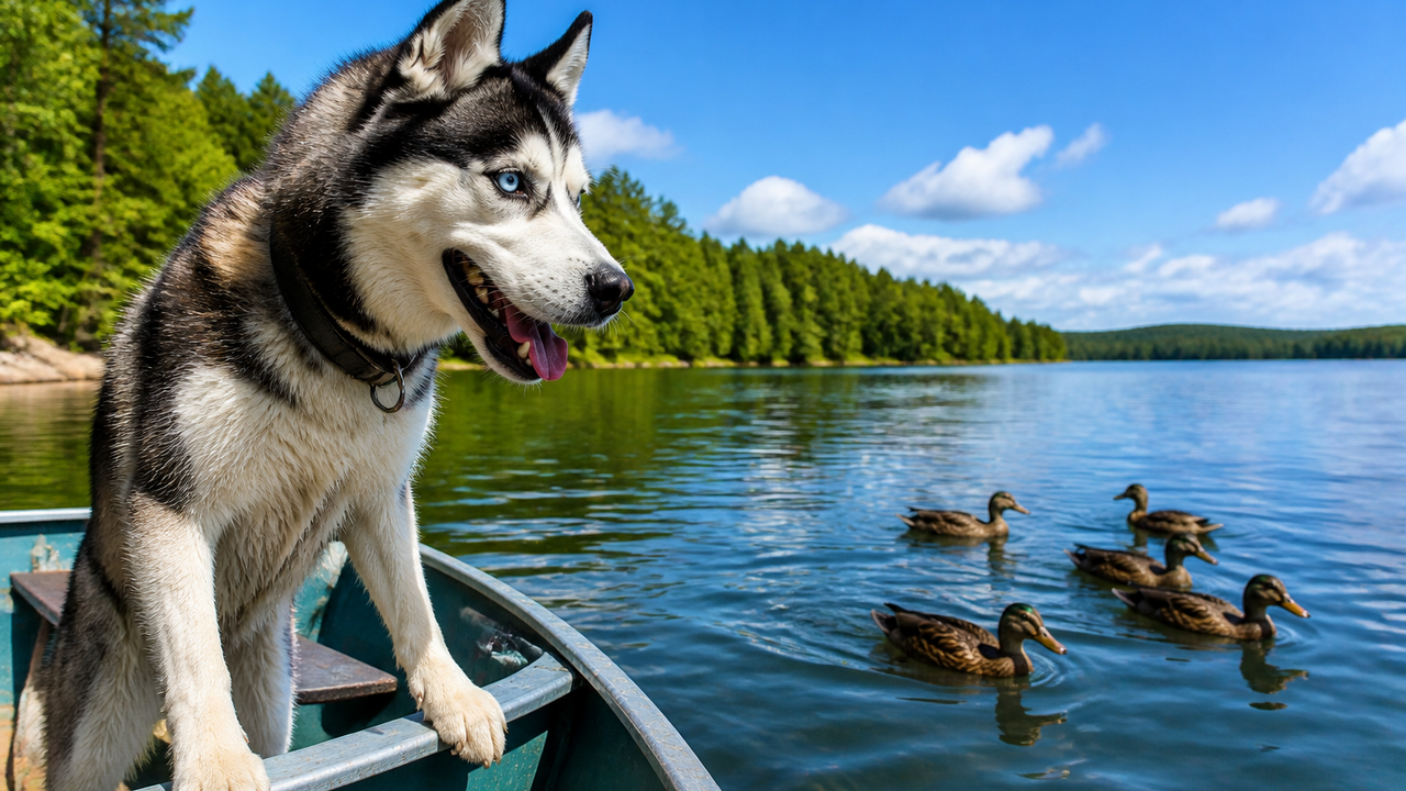 Husky has plenty to say to ducks on her first boat ride