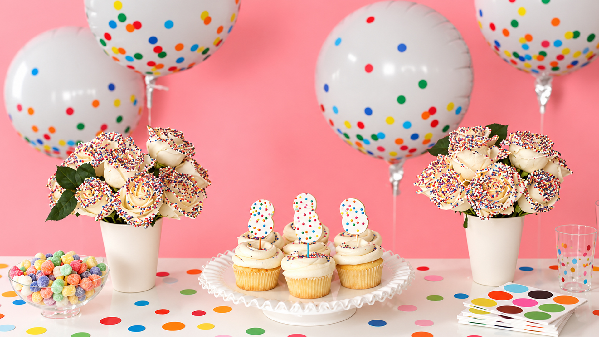Creative DIY sprinkle party decoration ideas using fresh roses and balloons