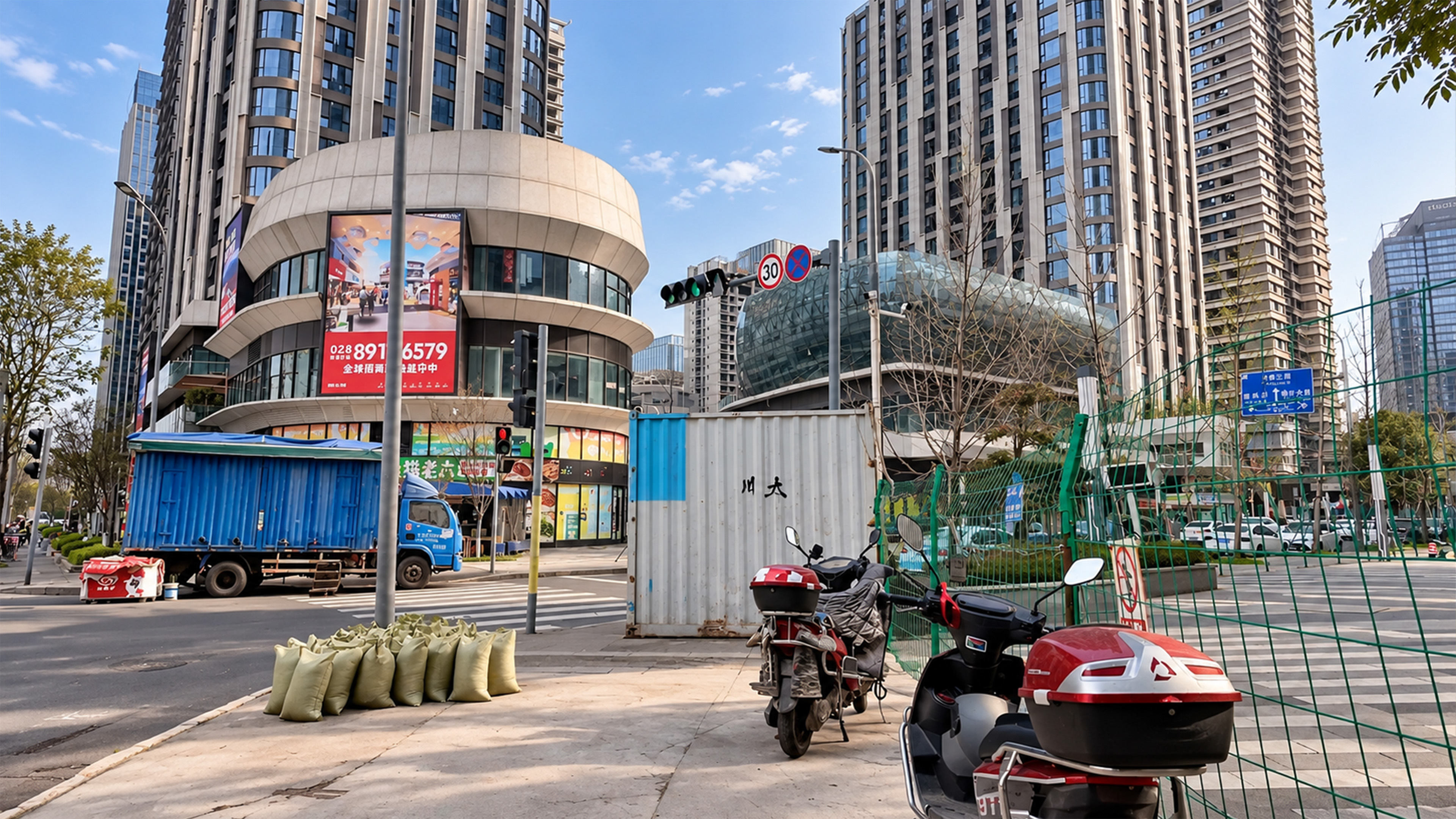 Modern towers crowd around this China intersection