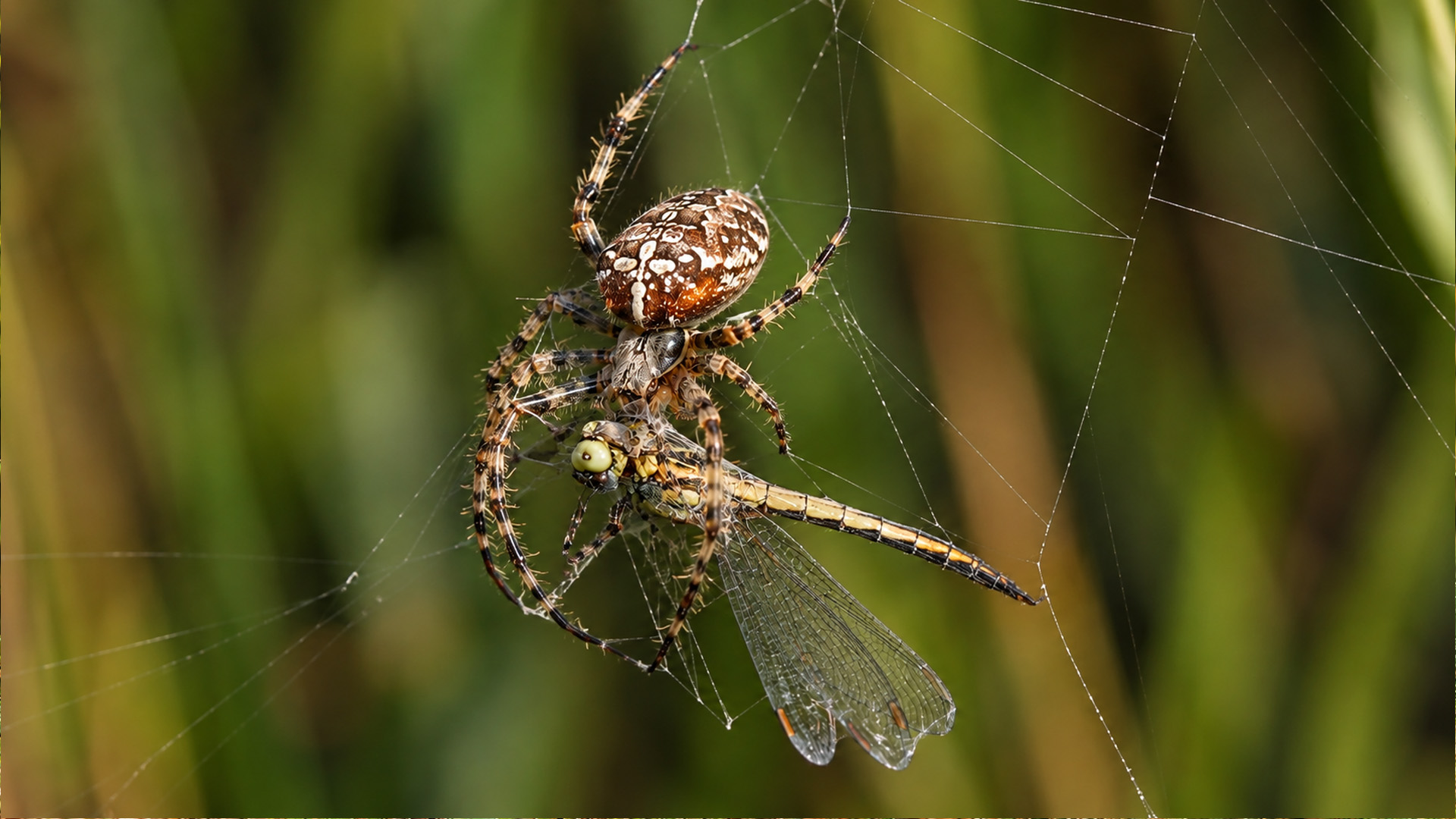 A dragonfly hit this web and the spider took over from there