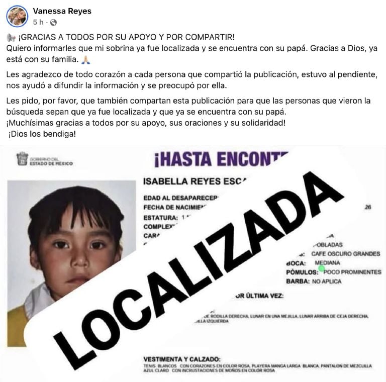 Localizan con vida a Isabella Reyes Escalona, niña de 4 años que estaba ...