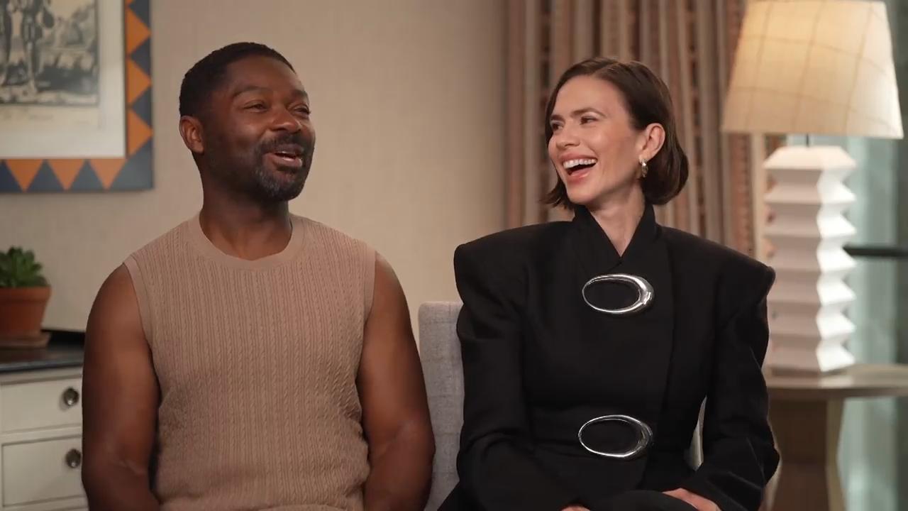 David Oyelowo and Hayley Atwell made the best of wet, windy conditions ...