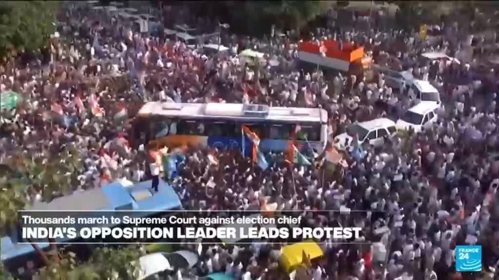 India's opposition leader marches with thousands against election chief