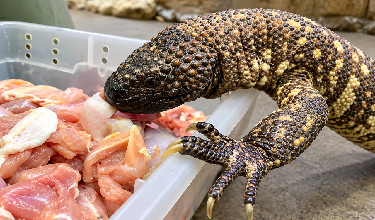 Stubborn venomous lizard won’t let go of the chicken box