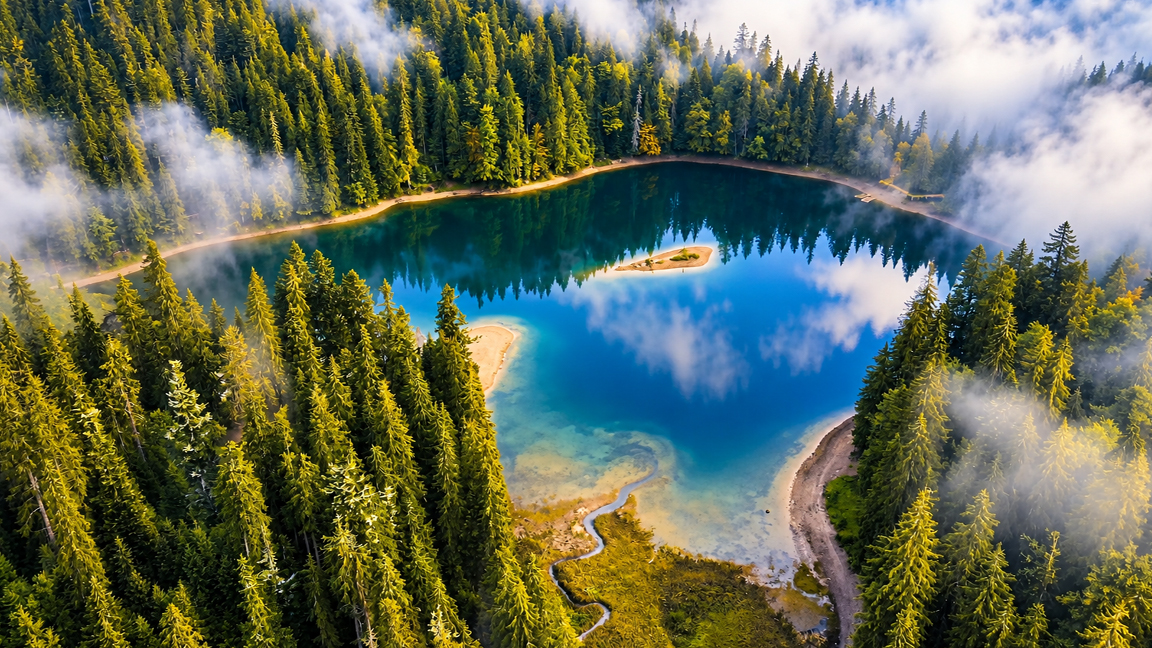 Hidden blue lake surrounded by misty evergreen forests