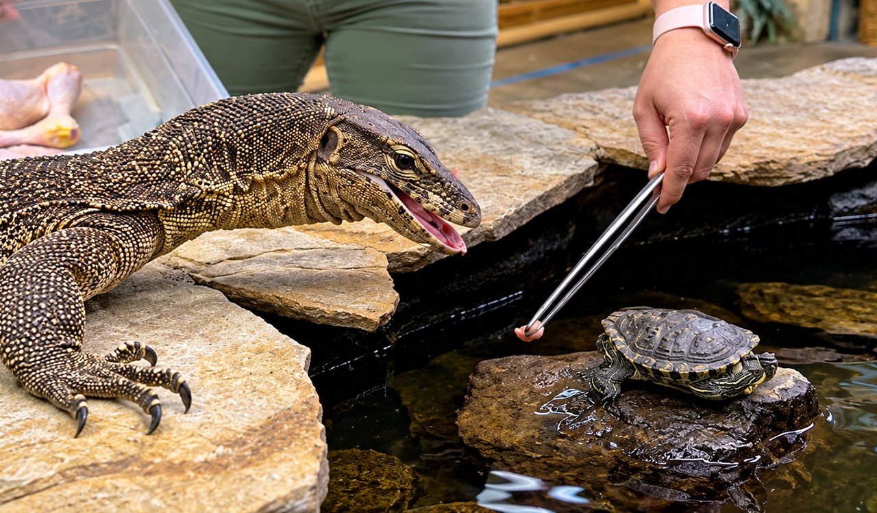 Monitor lizard makes a bold move toward a turtle