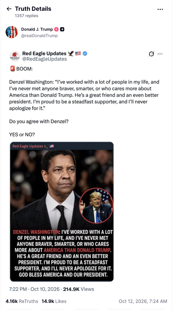 Did Denzel Washington say he's never met anyone braver, smarter than Trump?