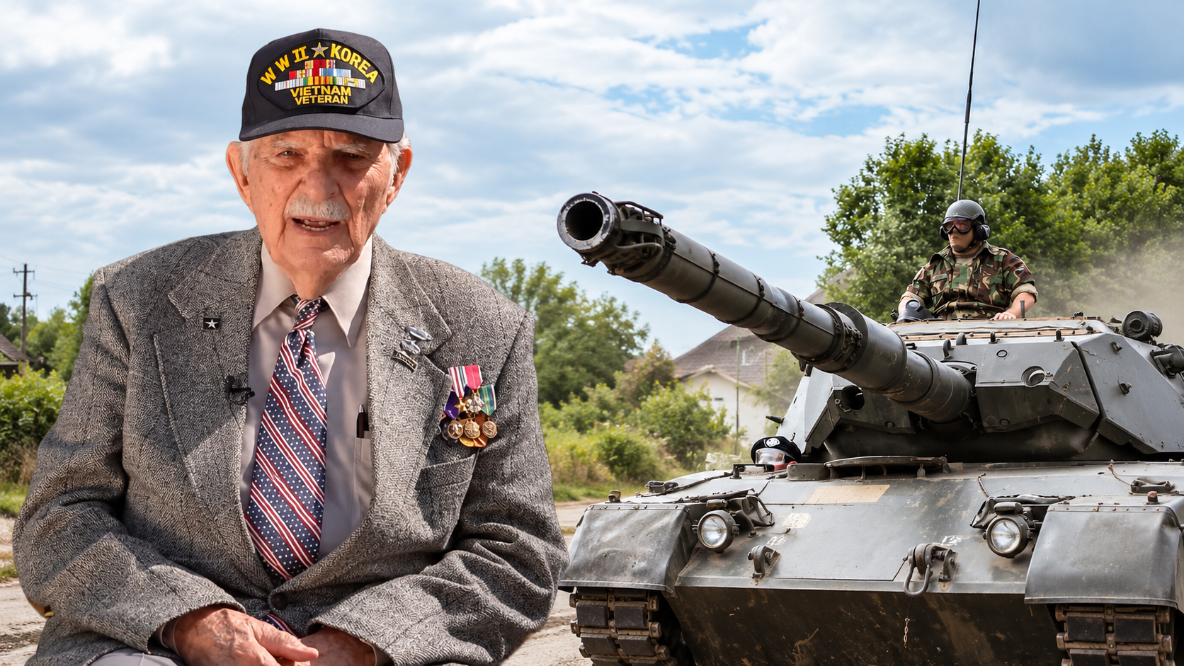 Sherman tank commander helps a trapped soldier