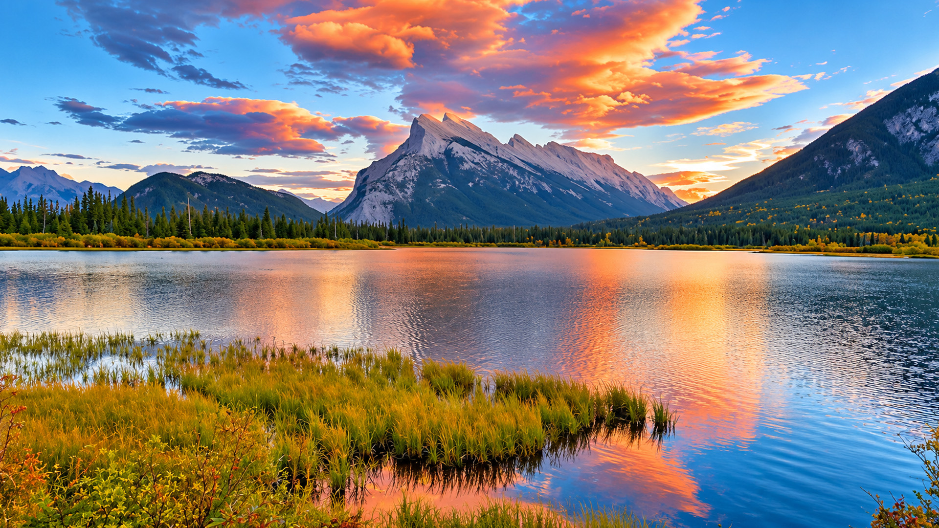 Canada's mountains appear twice at Vermilion Lakes