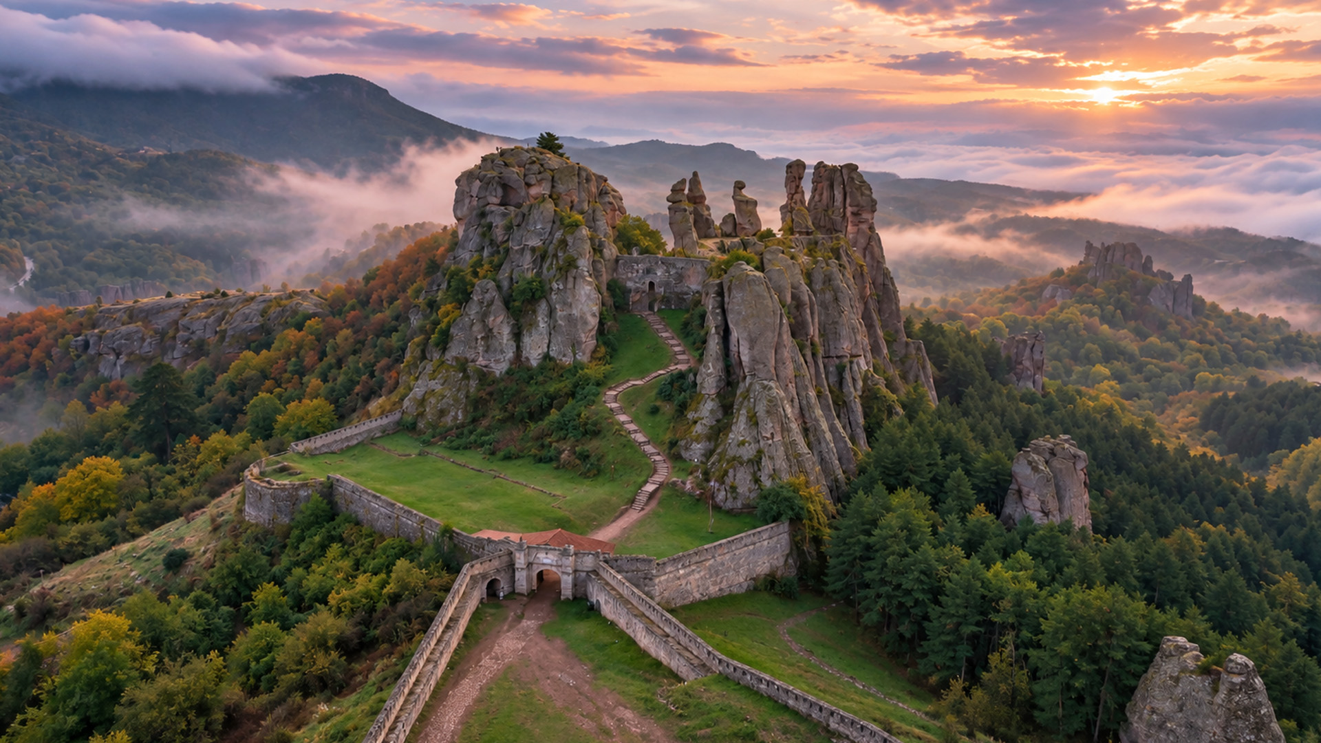 What lies between these towering rocks in Bulgaria?