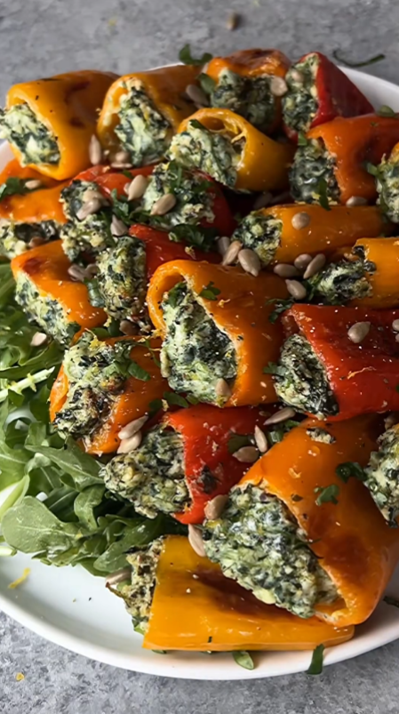Whipped spinach ricotta feta stuffed pepper bites