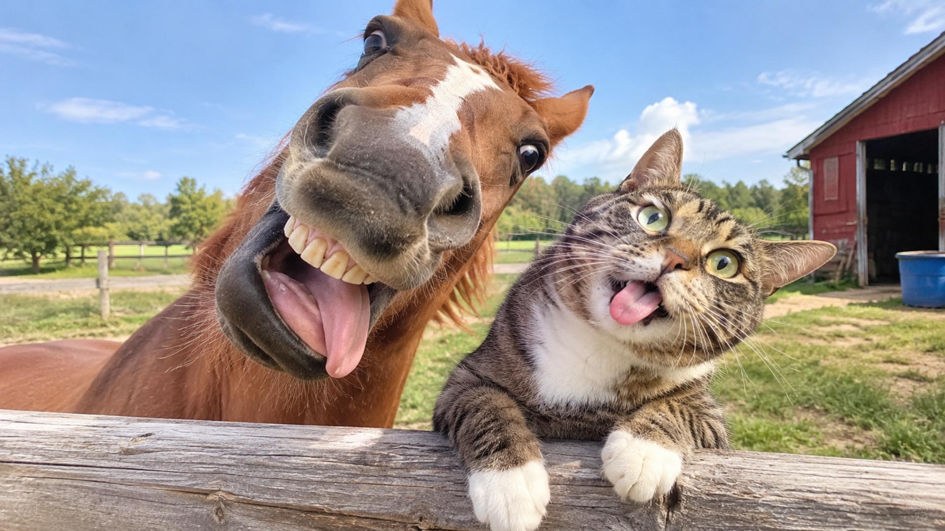 Tiny cat squares up giant horse, horse folds like lawn chair