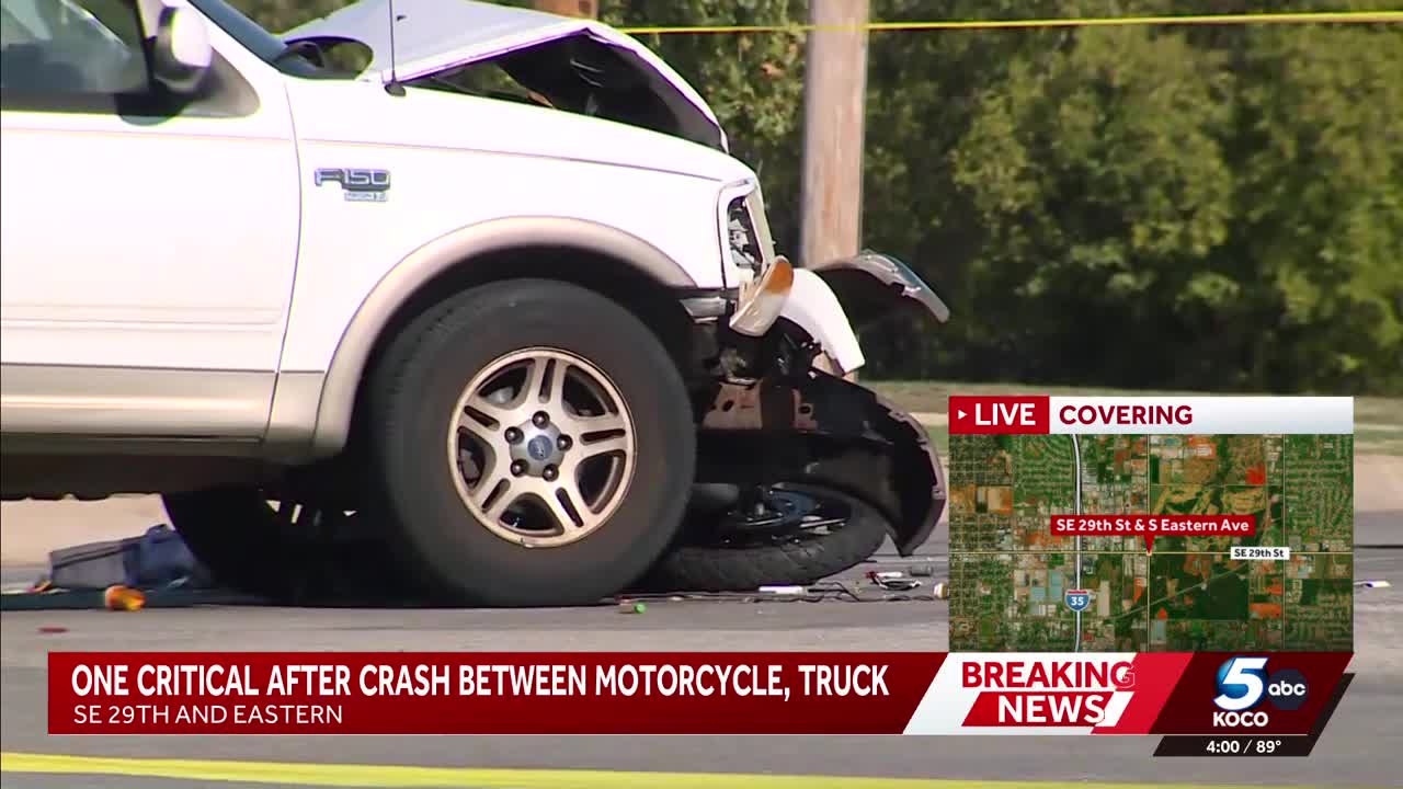 Person critically injured after crash between motorcycle and truck in OKC