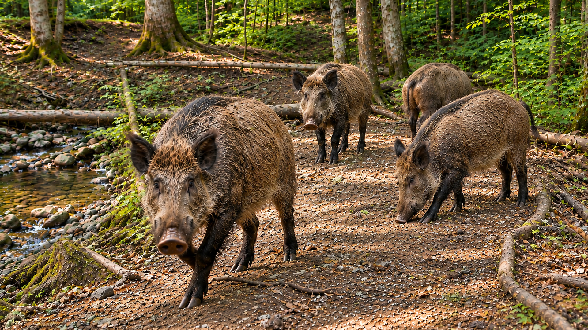 A camera trap watched this stream until four wild boars arrived