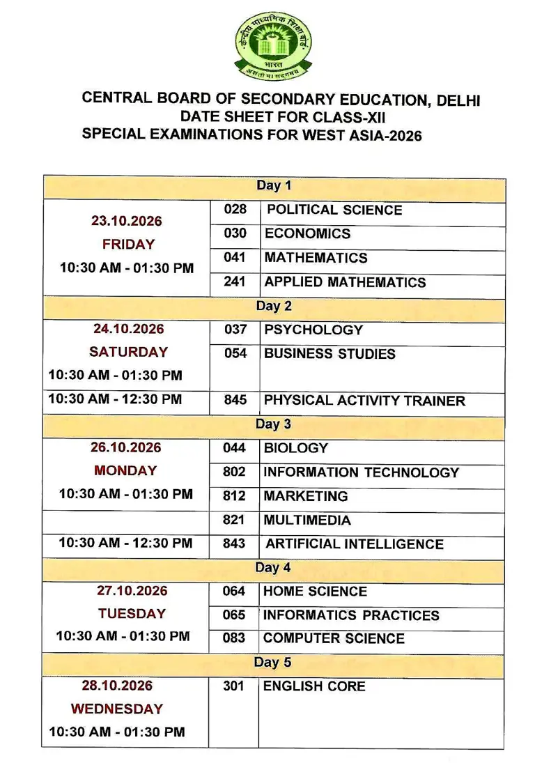 CBSE announces dates for class 12 special exams in UAE, 6 other countries