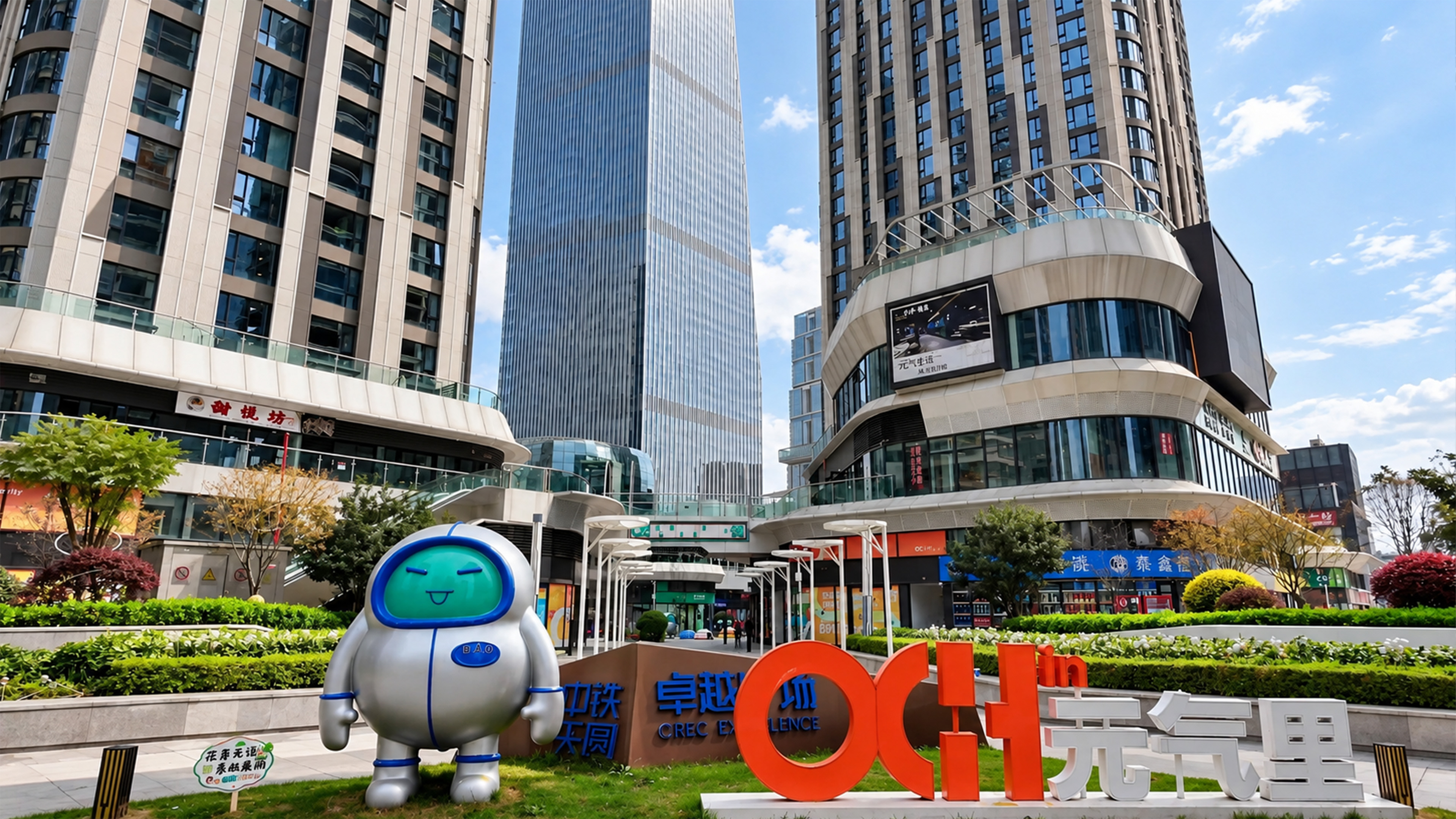 Uma escultura de robô colorida dá vida a um bairro comercial na China